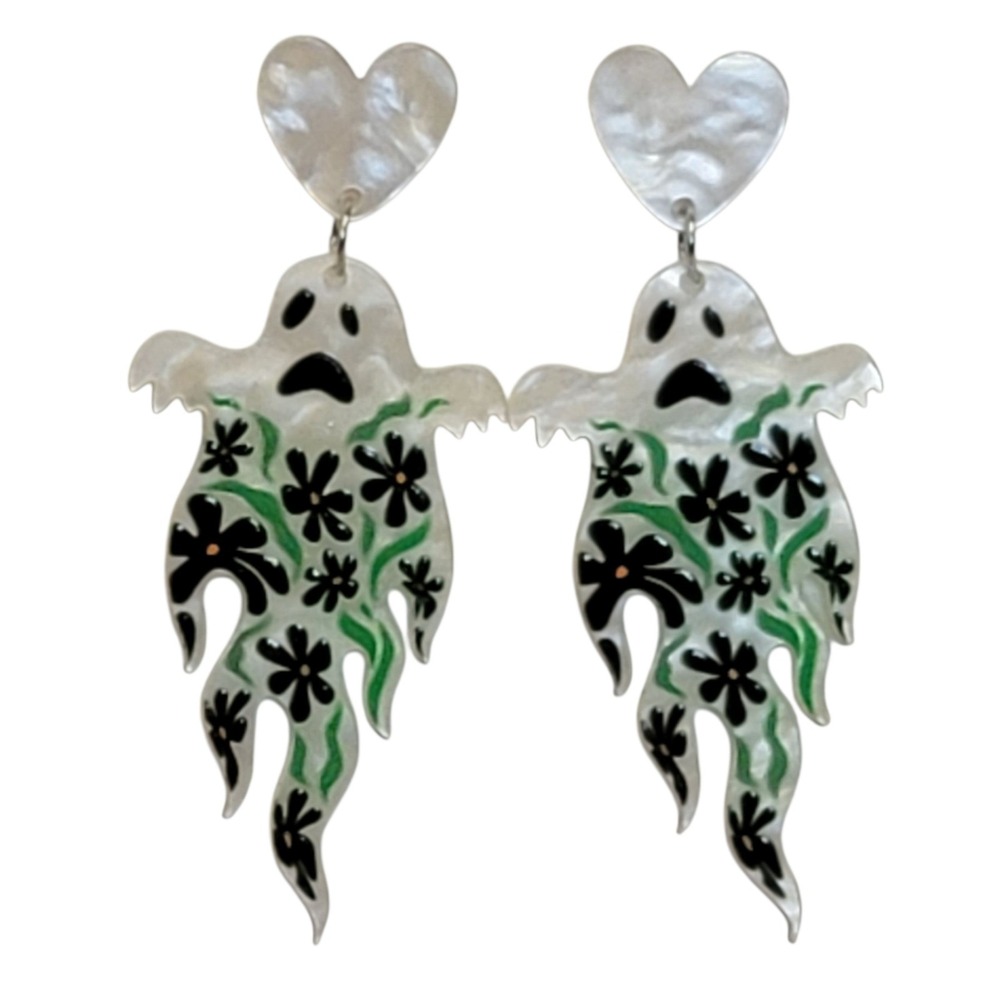 Floral Ghost Earrings Pearlescent White Black Green Dangle Post Halloween Spooky